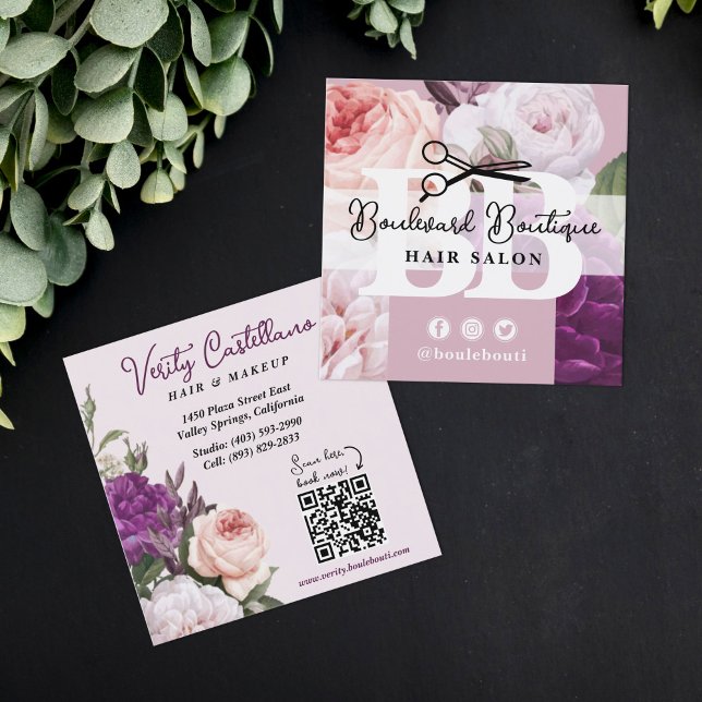 Elegant Dusty Mauve Floral Hair Salon Stylist QR Quadratische Visitenkarte (Von Creator hochgeladen)