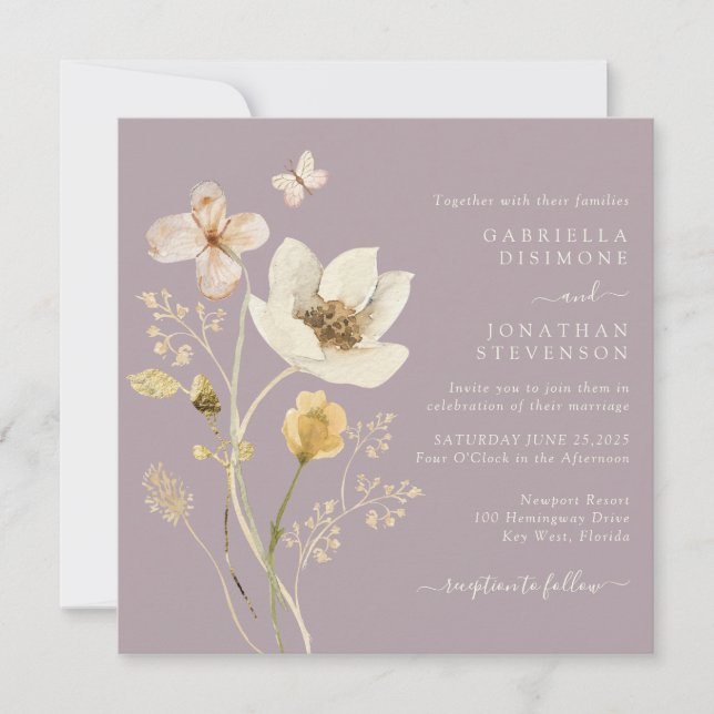 Elegant Dusty Mauve Watercolor Wildblumen Hochzeit Einladung (Vorderseite)
