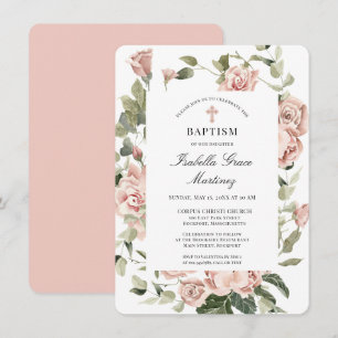 Elegant Dusty Pink Blumenkreuz Taufe Einladung