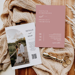 Elegant Dusty Pink Boho Arch Foto QR Code Wedding Einladung
