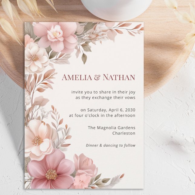 Elegant Dusty Pink Cream Magnolia Floral Wedding Einladung (Von Creator hochgeladen)