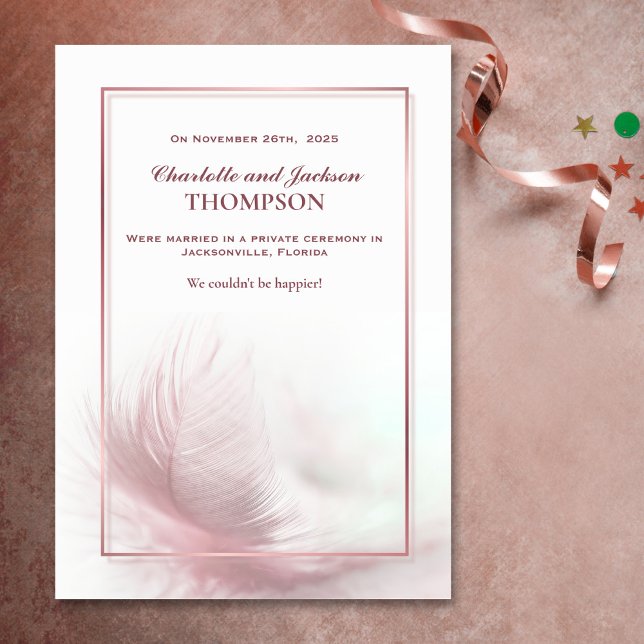 Elegant Dusty Pink Feather Wedding Announcement Ankündigung (Von Creator hochgeladen)