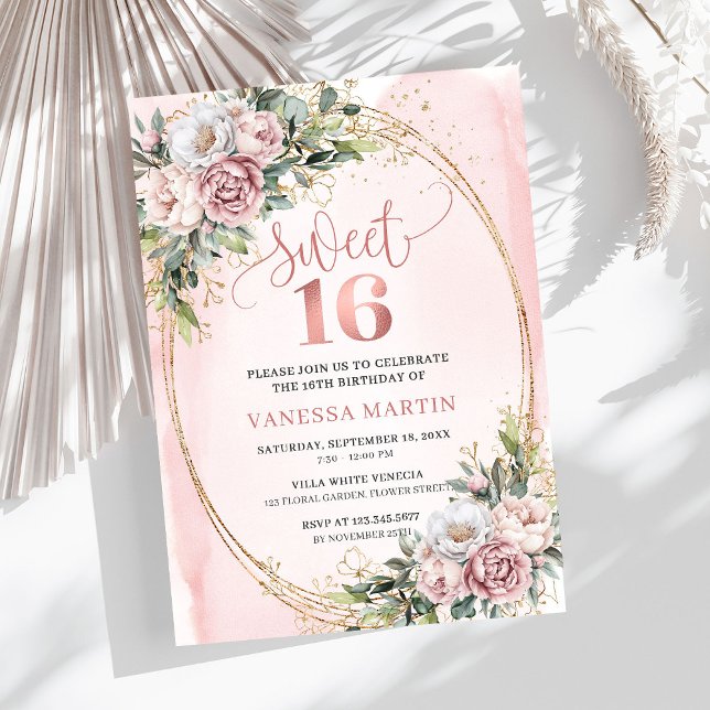 Elegant Dusty Pink Floral Greenery Sweet Sixteen  Einladung (Elegant Dusty Pink Floral Greenery Sweet Sixteen Invitation

)