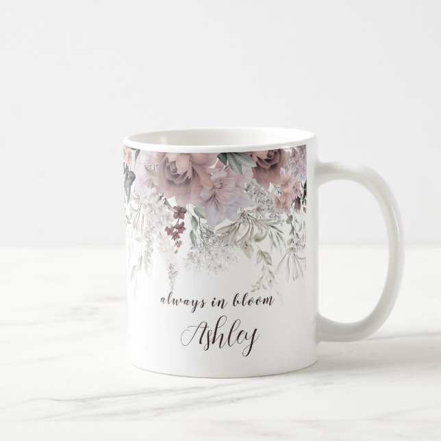 Elegant Dusty Pink Floral Vorname Kaffeetasse (Rechts)