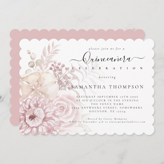 Elegant Dusty Pink Florals Quinceañera Einladung (Vorne/Hinten)