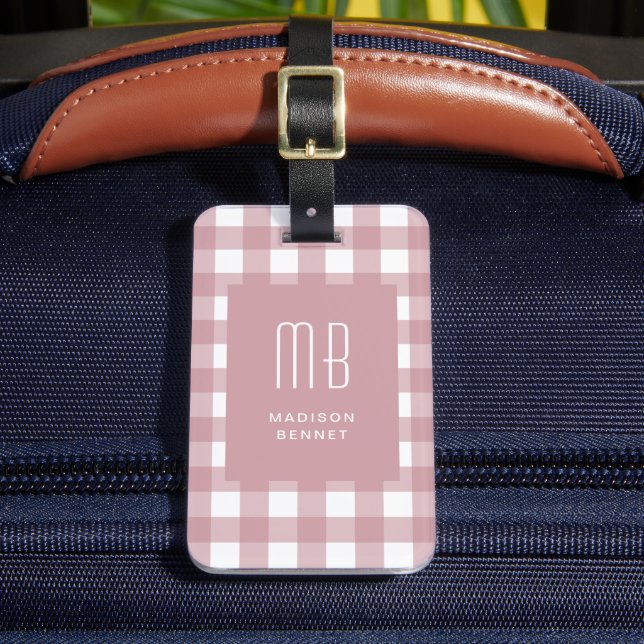 Elegant Dusty Pink Gingham Monogram Gepäckanhänger (Vorderseite Insitu 2)
