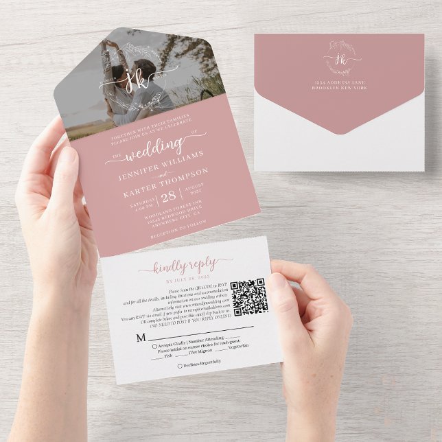 Elegant Dusty Pink Monogram QR Code Foto Wedding All In One Einladung (Von Creator hochgeladen)