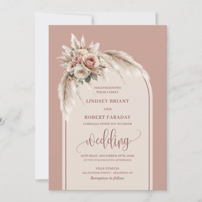 Elegant Dusty Pink Pampas Floral Wedding Einladung (Vorderseite)