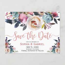 Elegant Dusty Pink Peach Blue Floral Save the Date Ankündigungspostkarte