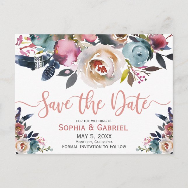 Elegant Dusty Pink Peach Blue Floral Save the Date Ankündigungspostkarte (Vorderseite)