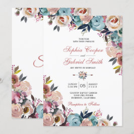 Elegant Dusty Pink Peach Blue Floral Wedding Einladung