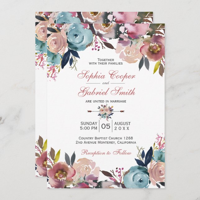 Elegant Dusty Pink Peach Blue Floral Wedding Einladung (Vorne/Hinten)