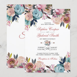 Elegant Dusty Pink Peach Blue Floral Wedding Einladung