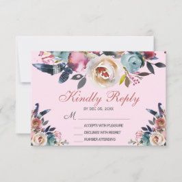Elegant Dusty Pink Peach Blue Floral Wedding RSVP Karte