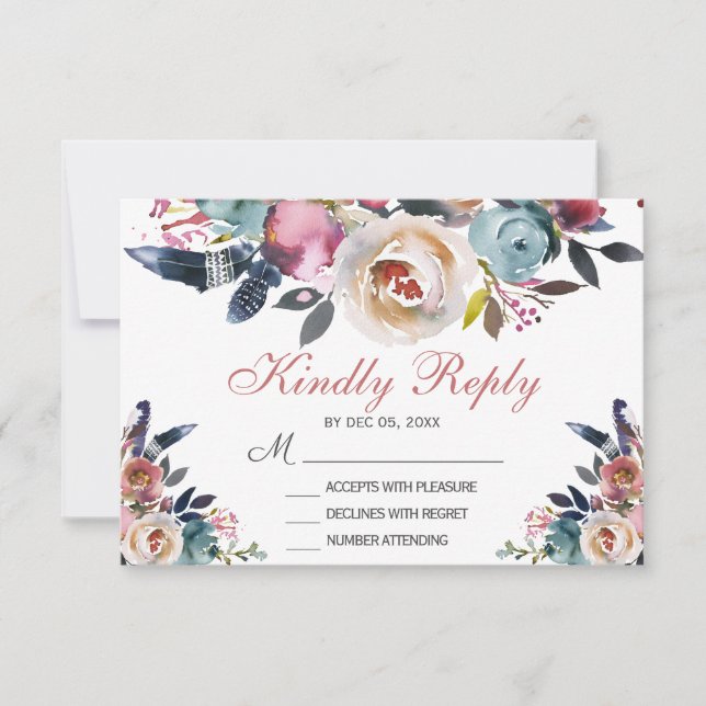 Elegant Dusty Pink Peach Blue Floral Wedding RSVP Karte (Vorderseite)