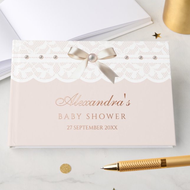 Elegant Dusty Pink Pearls Bow Lace Baby Shower Gästebuch (Von Creator hochgeladen)