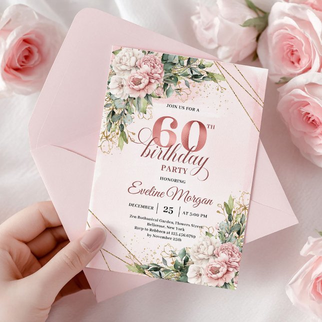 Elegant Dusty Pink Rose Gold 60th Birthday Invite Einladung (Elegant Dusty Pink Rose Gold 60th Birthday Invite)