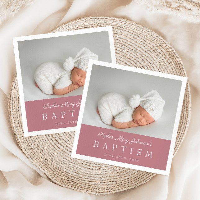 Elegant Dusty Pink Script Foto Taufe Serviette (Elegant Dusty Pink Script Photo Baptism Napkins)