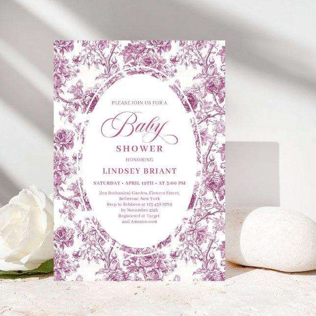 Elegant Dusty Pink Toile Roses Baby Shower Invitе Einladung (Elegant Dusty Pink Toile Roses Baby Shower Invitation)