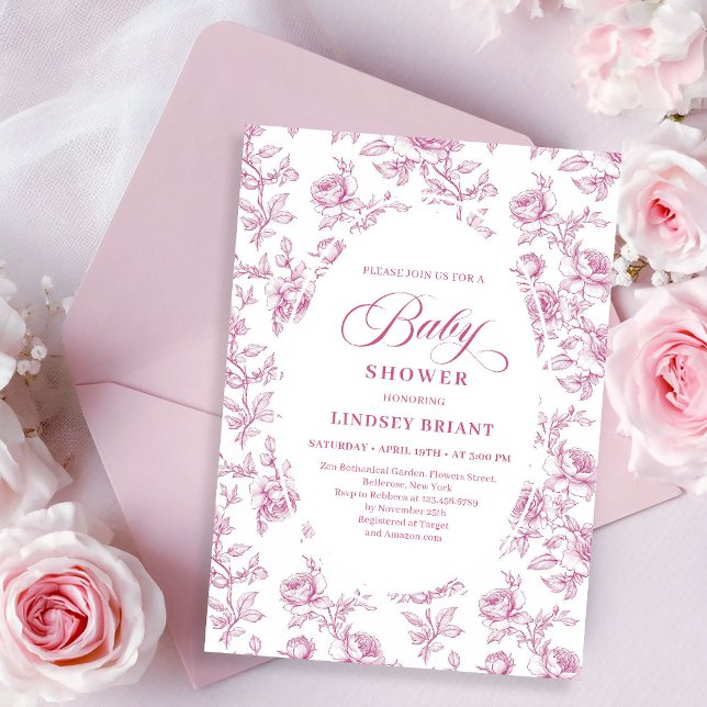 Elegant Dusty Pink Toile Roses Baby Shower Invite Einladung (pink French toile de jouy,
Luxurious blush roses baby shower,
dusty pink flowers botanical garden,
R)