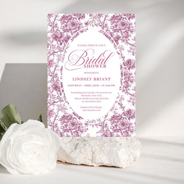 Elegant Dusty Pink Toile Roses Bridal Shower Invit Einladung (Elegant Dusty Pink Toile Roses Bridal Shower Invite)