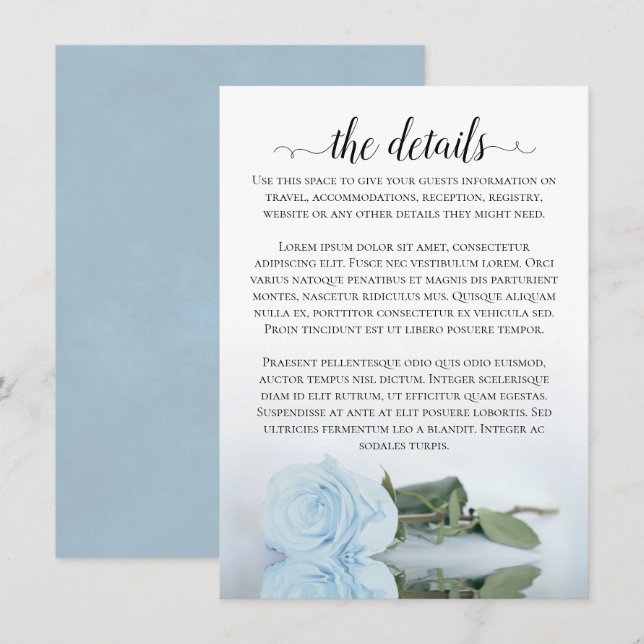 Elegant Dusty Powder Blue Rose Hochzeitdetails Begleitkarte (Vorne/Hinten)