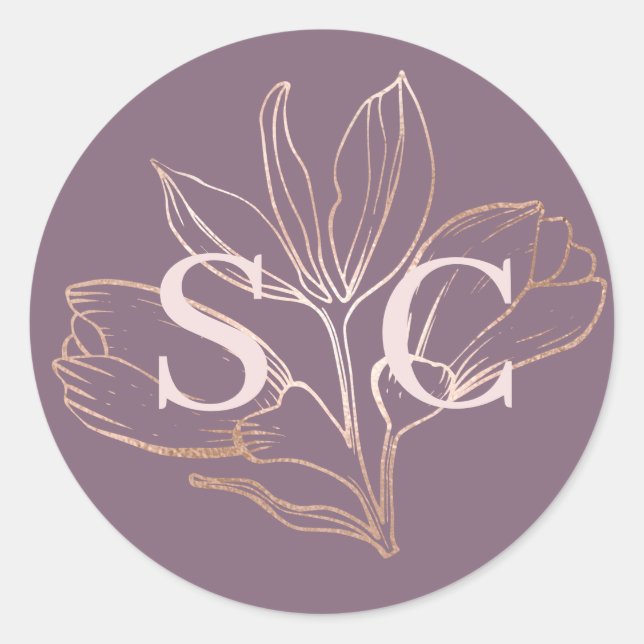 Elegant Dusty Rose Botancial Monogram Wedding Runder Aufkleber (Vorderseite)