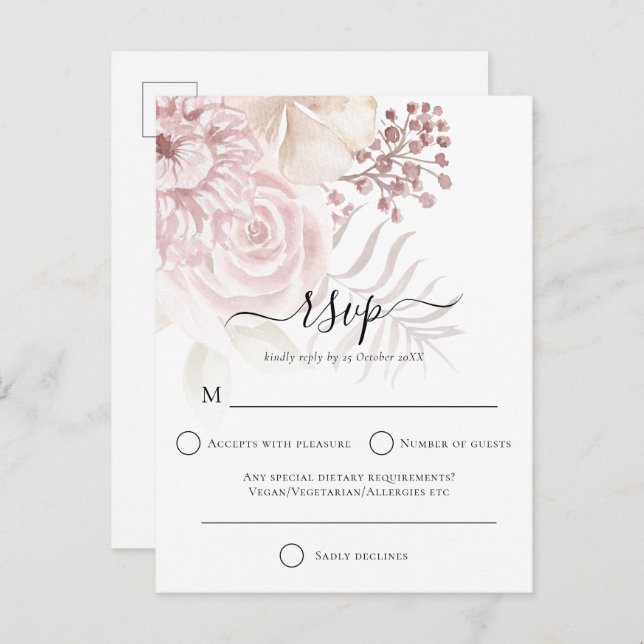Elegant Dusty Rose Florals Wedding RSVP Einladungspostkarte (Vorne/Hinten)