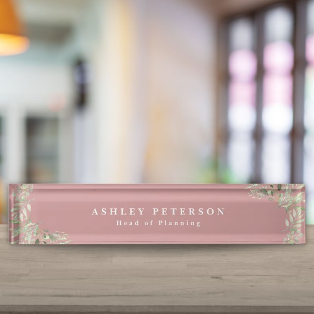 Elegant Dusty Rose Gold Green Desk Name Plate Namensplakette (Elegant Dusty Rose Gold Greenery Desk Name Plate)