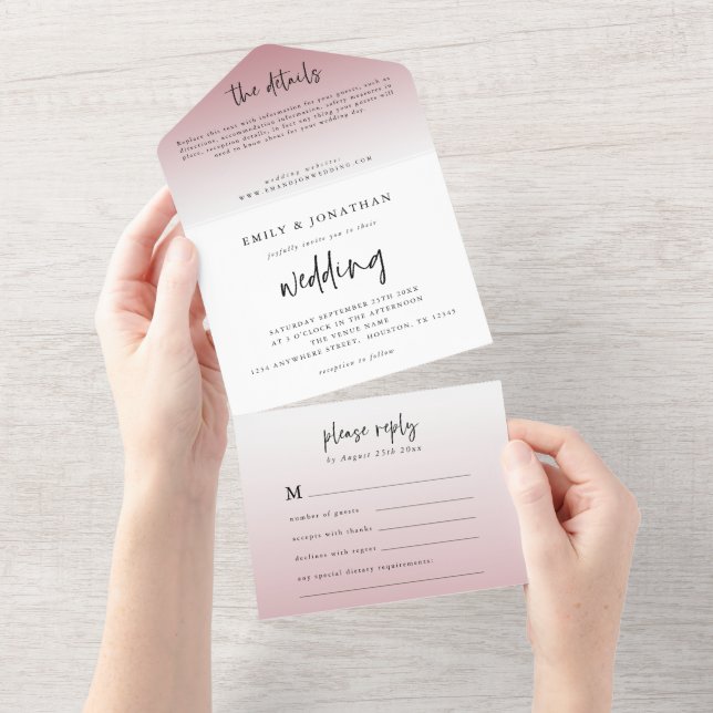 Elegant Dusty Rose Script Wedding All In One Einladung (Abreißen)