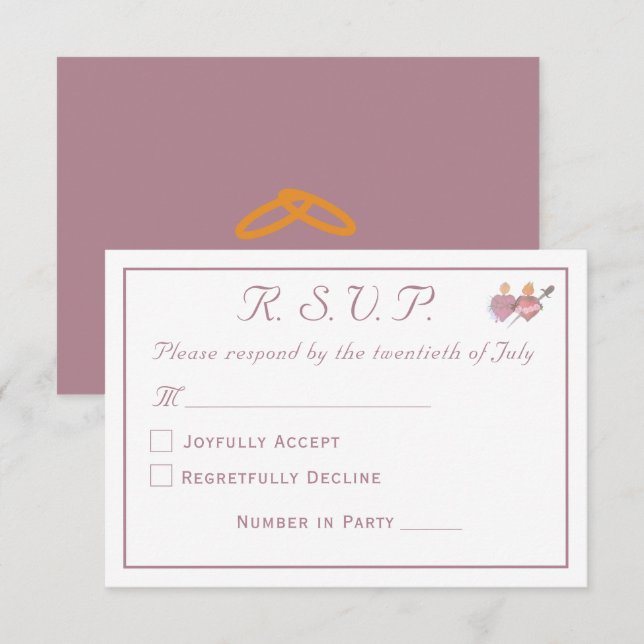 Elegant Dusty Rose Two Hearts Catholic Wedding  RSVP Karte (Vorne/Hinten)