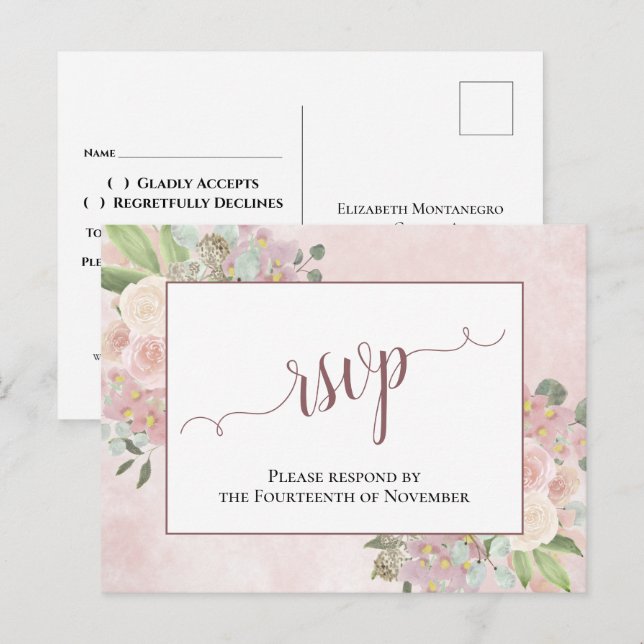 Elegant Dusty Rose Watercolor Floral Wedding RSVP Postkarte (Vorne/Hinten)