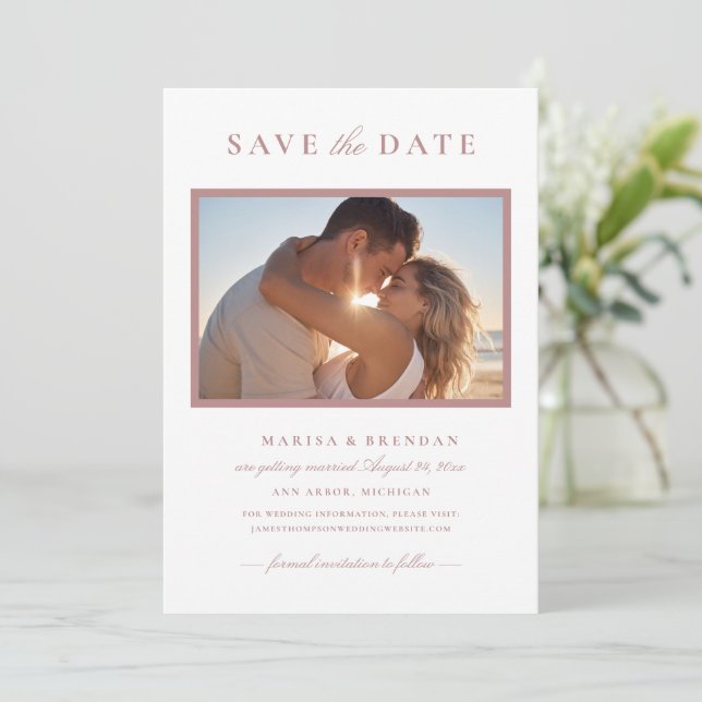 Elegant Dusty Rose Wedding Foto Save The Date (Stehend Vorderseite)
