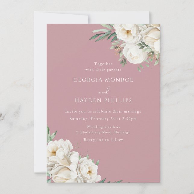 Elegant Dusty Rose &  White Floral Wedding Einladung (Vorderseite)