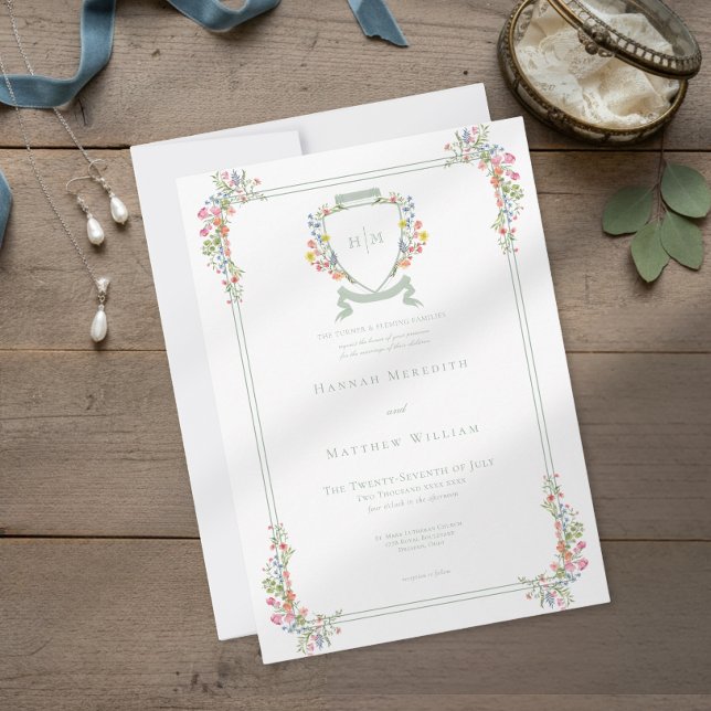 Elegant Dusty Sage Pastel Wildflower Crest Wedding Einladung (Von Creator hochgeladen)