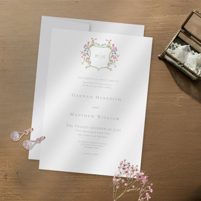 Elegant Dusty Sage Pastel Wildflower Crest Wedding Einladung (Von Creator hochgeladen)