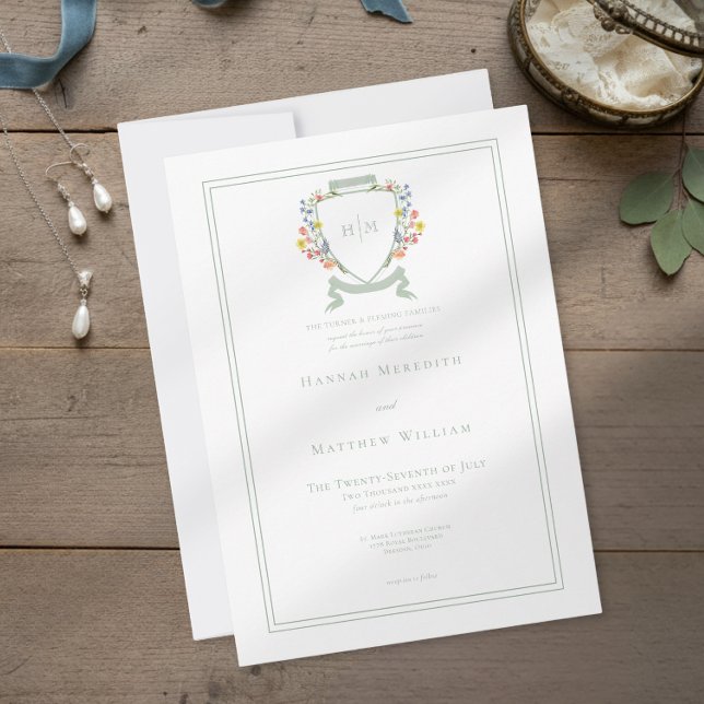 Elegant Dusty Sage Pastel Wildflower Crest Wedding Einladung (Von Creator hochgeladen)