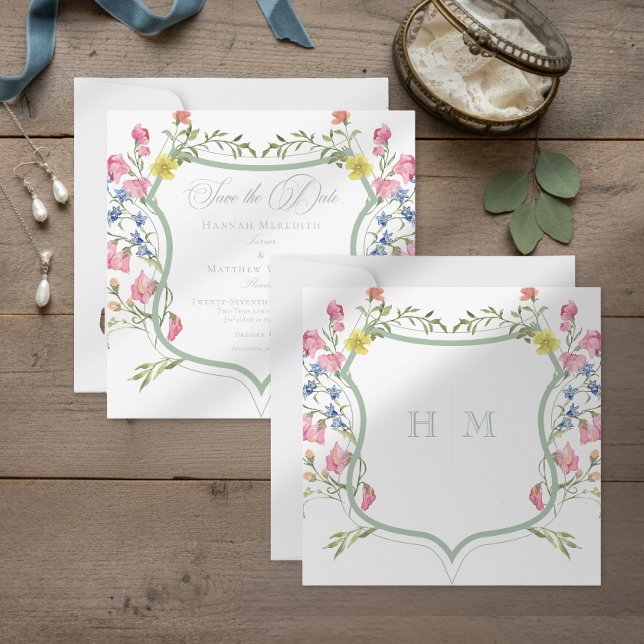 Elegant Dusty Sage Pastel Wildflower Crest Wedding Save The Date (Von Creator hochgeladen)
