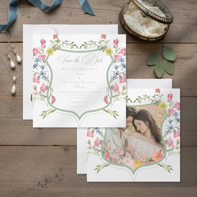 Elegant Dusty Sage Wildflower Crest Photo Wedding Save The Date (Von Creator hochgeladen)
