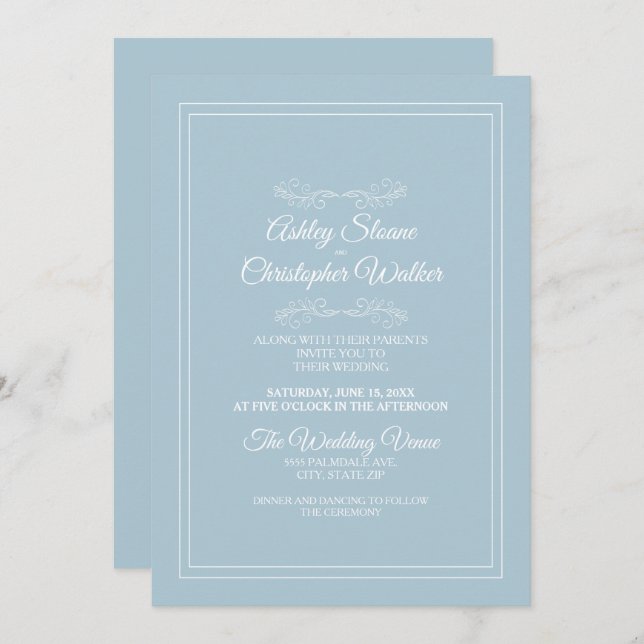 Elegant Dusty Sky Blue White Wedding Einladung (Vorne/Hinten)