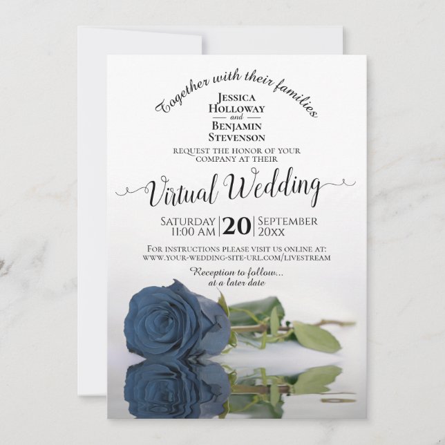 Elegant Dusty Steel Blue Rose Virtual Wedding Einladung (Vorderseite)