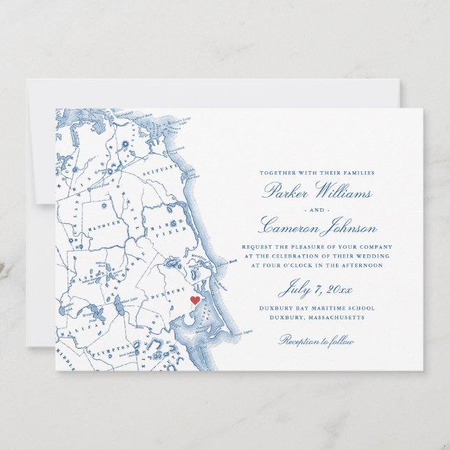 Elegant Duxbury Massachusetts Map Navy Wedding Einladung (Vorderseite)