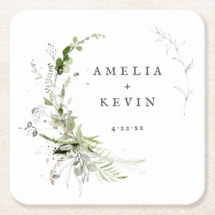 Elegant Earthy Greenery Personalisiert Names Date Rechteckiger Pappuntersetzer
