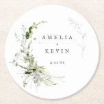 Elegant Earthy Greenery Personalisiert Names Date  Runder Pappuntersetzer<br><div class="desc">Dieses elegante Design ist vollständig anpassbar und zeichnet sich durch eine zarte Aquarellgrüne aus, die Ihre Details umrahmt. Ideal für jede schöne Veranstaltung. Das ist Teil meiner Sammlung namens "Earthy Greenery". Vielen Dank für Ihre Unterstützung und Interesse an meinem Design, und seien Sie sicher, in meinem Shop zu besuchen, um...</div>