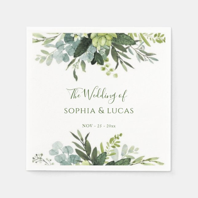 Elegant Earthy Greenery Personalisiert Names Date  Serviette (Vorderseite)
