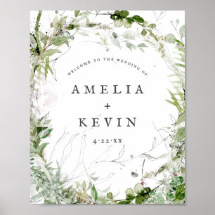 Elegant Earthy Greenery Watercolor Names Wedding Poster