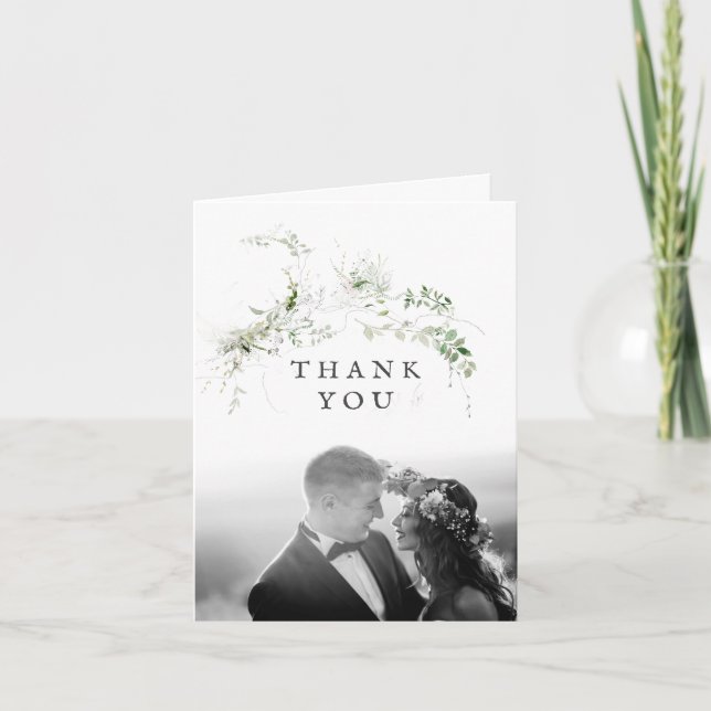 Elegant Earthy Greenery Watercolor Wedding Foto Dankeskarte (Vorderseite)