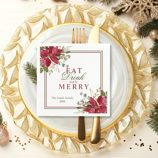 Elegant Eat Drink Frohe Weihnachten Red Poinsettia Serviette (Elegant Eat Drink Merry Christmas Red Poinsettias Napkins)