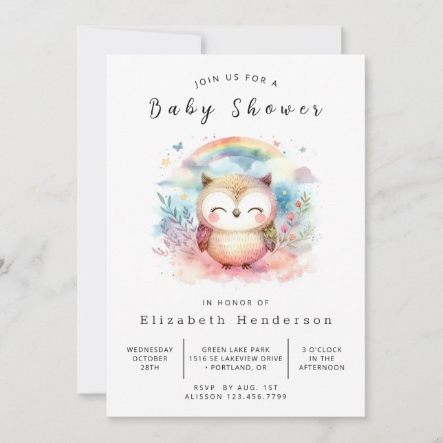 Elegant Editable Owl Baby Dusche Einladung (Vorderseite)
