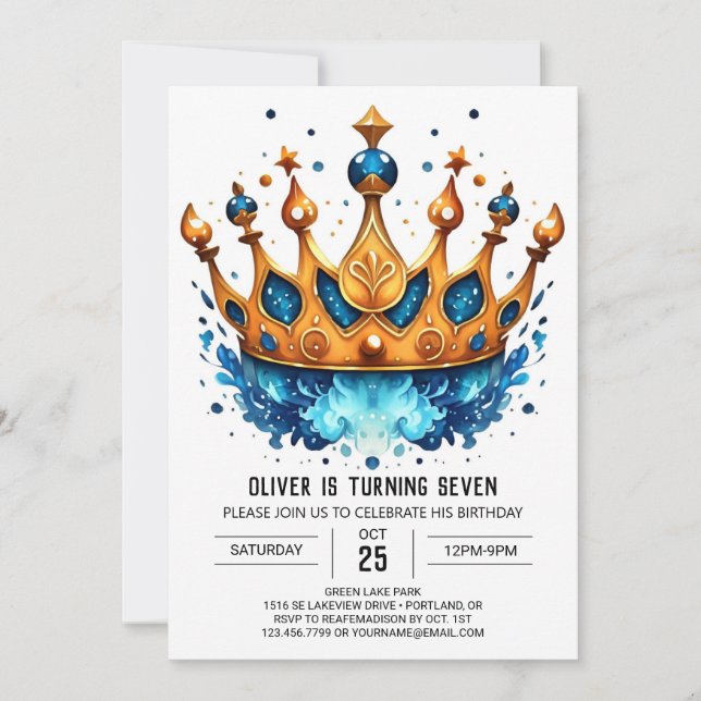 Elegant Editable Prince Crown Geburtstag Einladung (Vorderseite)